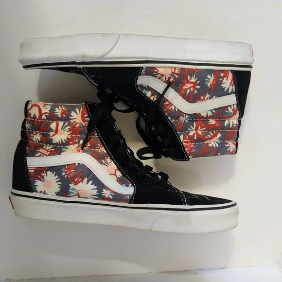VANS OFF THE WALL BLACK SUEDE/FLOWER CANVAS HIGH TOPS M-7 W-8.5 - Picture 2 of 11